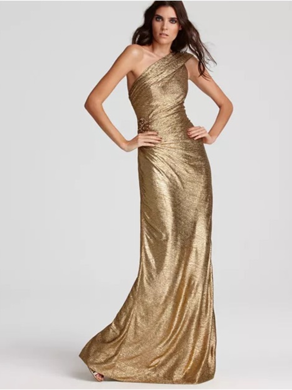 David Meister One-Shoulder Shimmering Gold Evening Gown - Picture 2 of 12